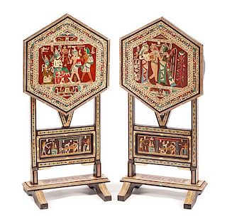 A Pair of Egyptianesque Marquetry Flip-Top Tables Height 26 x width 16 inches.