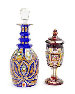 Two Enameled Bohemian Glass Articles Height of decanter 12 1/2 inches.