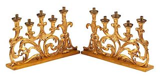A Pair of Painted and Giltwood Five-Light Altar Candelabra Width 30 inches.
