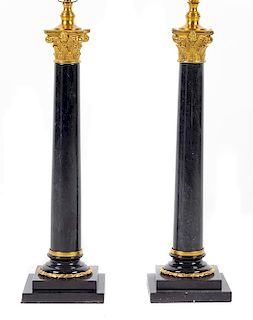 A Pair of Gilt Bronze Mounted Columnar Lamps Height overall 34 inches.