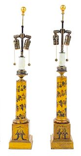 A Pair of Continental Painted Tole Lamps Height overall 21 3/4 inches.