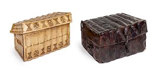 Two Leather-Veneered Chests Height of first 14 x width 26 x depth 13 inches.