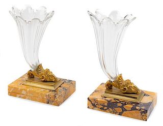 A Pair of Gilt Bronze, Glass and Marble Ram's Head Ornaments Height 9 3/8 inches.