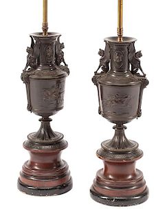 A Pair of Grand Tour Patinated Bronze Urns Height overall 24 inches.