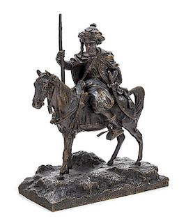 A Continental Bronze Equestrian Group Height 8 1/4 inches.