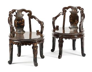 A Pair of Chinese Lacquered Armchairs Height 32 inches.
