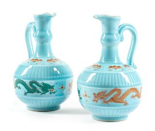 A Pair of Chinese Porcelain Ewers Height 10 1/2 inches.