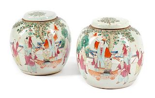 A Pair of Chinese Porcelain Covered Jars Height 9 inches.