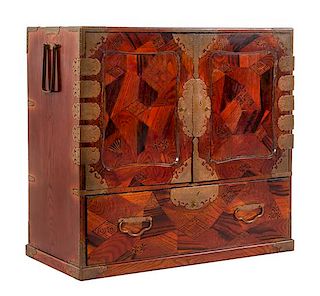 A Brass Mounted Marquetry Tansu Chest Height 33 x width 35 x depth 16 1/4 inches.