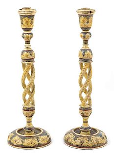 A Pair of Kashmiri Papier-Mache and Lacquer Candlesticks Height 19 1/2 inches.