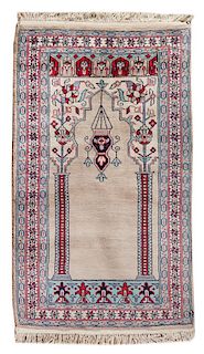 A Persian Wool Prayer Rug 4 feet x 2 feet 7 1/2 inches.