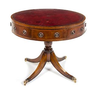 A Regency Style Mahogany Drum Table Height 29 x diameter of top 36 1/2 inches.