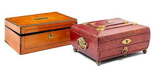 Two Regency Brass Inlaid Sewing Boxes Larger example: height 4 3/8 x width 11 x depth 8 inches.