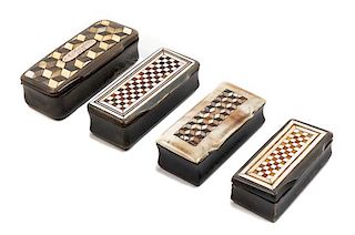 Four Carved Horn and Parquetry Snuff Boxes Width of largest 3 1/4 inches.