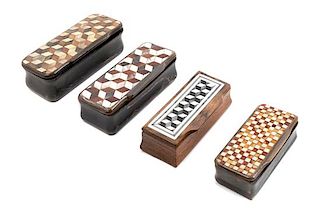 Three Carved Horn and Parquetry Snuff Boxes Width of largest 3 3/4 inches.