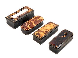 Four Carved Horn and Tortoise Shell Inlaid Snuff Boxes Width of largest 4 3/8 inches.