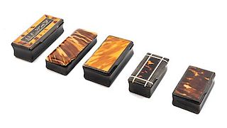 Five Carved Horn and Tortoise Shell Inlaid Snuff Boxes Width of largest 3 inches.