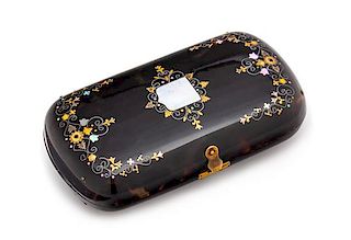 * A Victorian Mother-of-Pearl and Gilt Metal Inlaid Tortoise Shell Change Purse Width 4 inches.