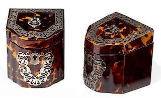 Two Victorian Silver-Mounted Tortoise Shell Tea Caddies Height 4 x width 3 1/2 inches.