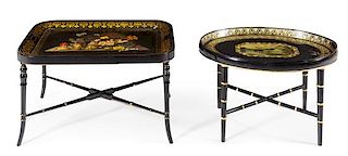 Two Victorian Painted Tole Tray Tables Height of tallest 19 x width 31 1/2 x depth 23 1/2 inches.