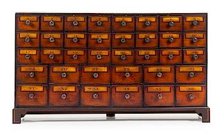An English Painted Apothecary Chest Height 35 1/2 x width 64 x depth 9 1/2 inches.