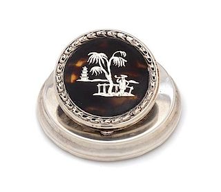 * An English Tortoise Shell Inlaid Silver Desk Article, Levi & Salaman, Birmingham, 1910, the tortoise shell roundel inlaid with