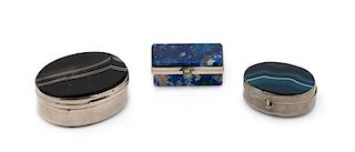 * A Group of Three Hardstone Mounted Snuff Boxes, Late 19th/Early 20th Century, comprising two examples with agate inset lids an