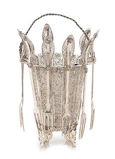 A Continental Silvered Metal Filigree Sweetmeat Basket and Forks, Probably Russian, Late 19th/Early 20th Century, comprising a b