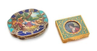 A Group of Two Continental Enameled Compacts, Early 20th Century, comprising a Continental silver compact and a gilt metal compa