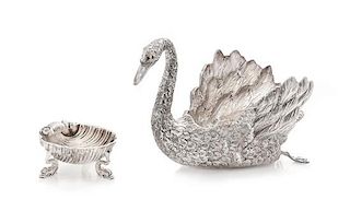 Two Italian Silver Table Articles, Buccellati, Milan, 20th Century, comprising a swan-form candy dish and a shell-form salt cell