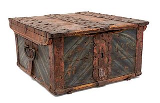 * An Iron Bound Polychrome Decorated Seaman's Chest Height 9 3/4 x width 18 1/2 x depth 17 3/4 inches.