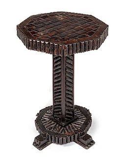 A Tramp Art Side Table Height 28 x width 21 inches.