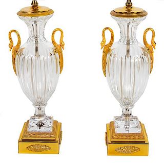 A Pair of Empire Style Gilt Bronze Mounted Cut Glass Urns Mounted as Lamps Height overall 33 inches.
