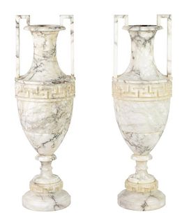 A Pair of Large Italian Alabaster Urns Height 37 1/2 inches.