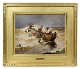 Joseph Wopfner, (Austrian, 1843-1927), Paddling Through Rough Seas