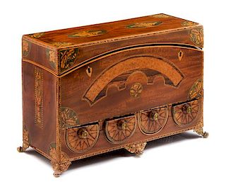 An English Marquetry and Mahogany Jewelry Casket Height 10 x width 15 x depth 6 inches.