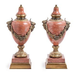 A Pair of Neoclassical Gilt Bronze Mounted Marble Urns Height overall 27 inches.