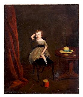 * English School, (Early 19th Century), Child Seated on a Chair with a Hat on a Table