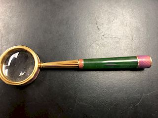 Russian Faberge Nephrite Gold Enamel Crystal Magnifying Glass