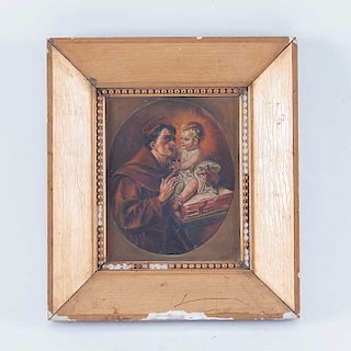 San Antonio de Padua con el niño. Principios del siglo XX. Óleo sobre tela. Enmarcado en madera dorada.
