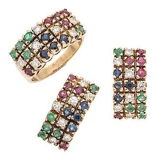 Juego de anillo y par de aretes con rubíes, esmeraldas, zafiros y diamantes en oro amarillo de 14 k Talla anillo: 6 ½.<...