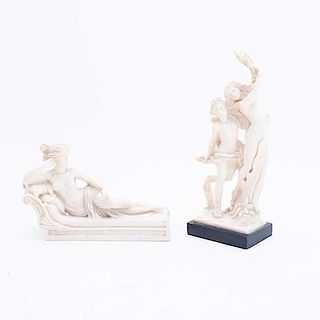 Venus Vitrix y Apolo y Dafne. Italia, siglo XX. Elaboradas en pasta. Una marcada Gino Ruggeri y otra L. T. Piezas: 2