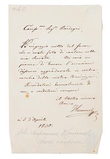 HUMMEL, JOHANN NEPOMUK. Autographed letter signed, one page, April 5, 1830, s.l. To "[Marco] Bordogni." In Italian.