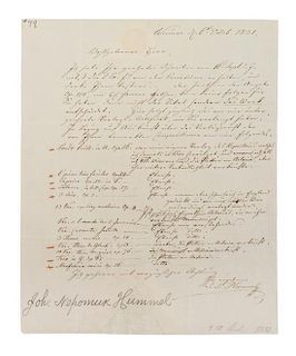 HUMMEL, JOHANN NEPOMUK. Autographed letter signed, one page, Weimar, October 6, 1831.