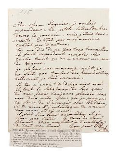 PLEYEL, IGNACE. Autographed letter signed, one page, September 25, 1849.