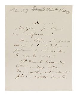 SAINT-SAENS, CAMILLE. Autographed letter signed, three pages. In French.