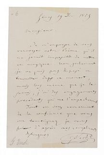 VERDI, GIUSEPPI. Autographed letter signed, one page, December 19, 18?9. In French.