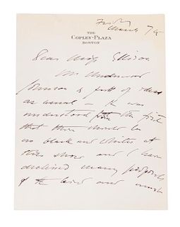 * SARGENT, JOHN SINGER. Autographed letter signed ("John S. Sargent"), 2 pp., Boston, n.y.