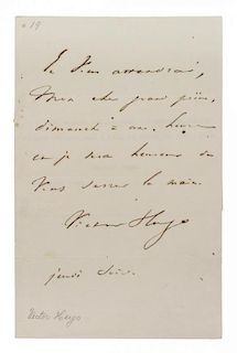 HUGO, VICTOR. Autographed letter signed, one page, s.l., n.d. In French.