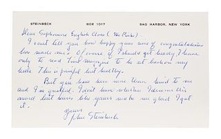 * STEINBECK, JOHN. Autograph postcard signed ("John Steinbeck"), New York, October 30, 1962.